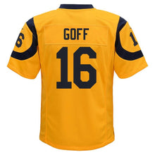 Load image into Gallery viewer, JARED GOFF LOS ANGELES RAMS SUPER BOWL YOUTH COLOR RUSH GAME JERSEY - GOLD 2018/2019