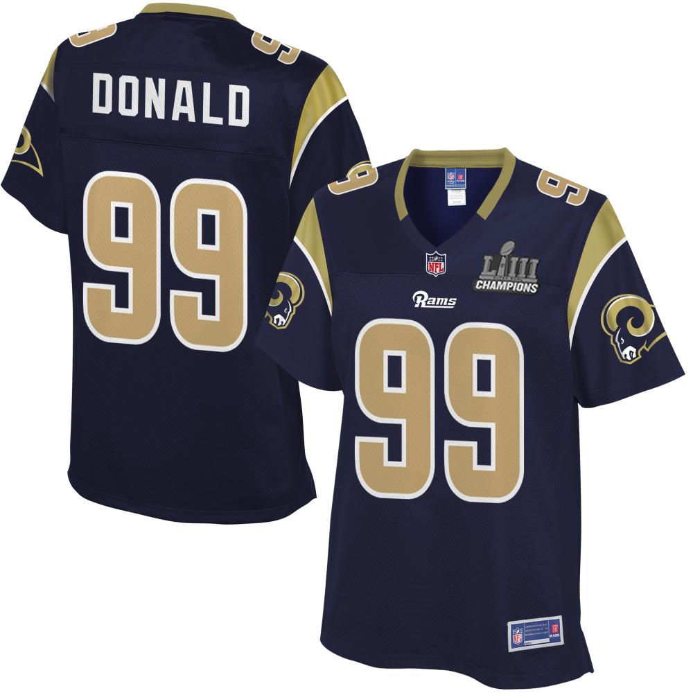 AARON DONALD LOS ANGELES RAMS SUPER BOWL LIII 53 CHAMPIONS PATCH FOOTBALL WOMEN'S JERSEY - NAVY - 2019