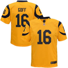 Load image into Gallery viewer, JARED GOFF LOS ANGELES RAMS SUPER BOWL YOUTH COLOR RUSH GAME JERSEY - GOLD 2018/2019