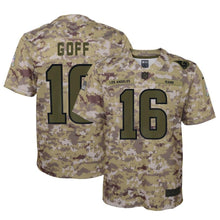 Load image into Gallery viewer, JARED GOFF LOS ANGELES RAMS SUPER BOWL YOUTH SALUTE TO SERVICE GAME JERSEY - CAMO 2018/2019