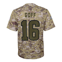 Load image into Gallery viewer, JARED GOFF LOS ANGELES RAMS SUPER BOWL YOUTH SALUTE TO SERVICE GAME JERSEY - CAMO 2018/2019
