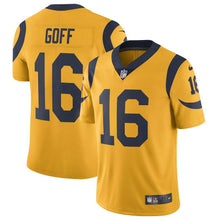Load image into Gallery viewer, JARED GOFF LOS ANGELES RAMS SUPER BOWL VAPOR UNTOUCHABLE COLOR RUSH PLAYER JERSEY - GOLD